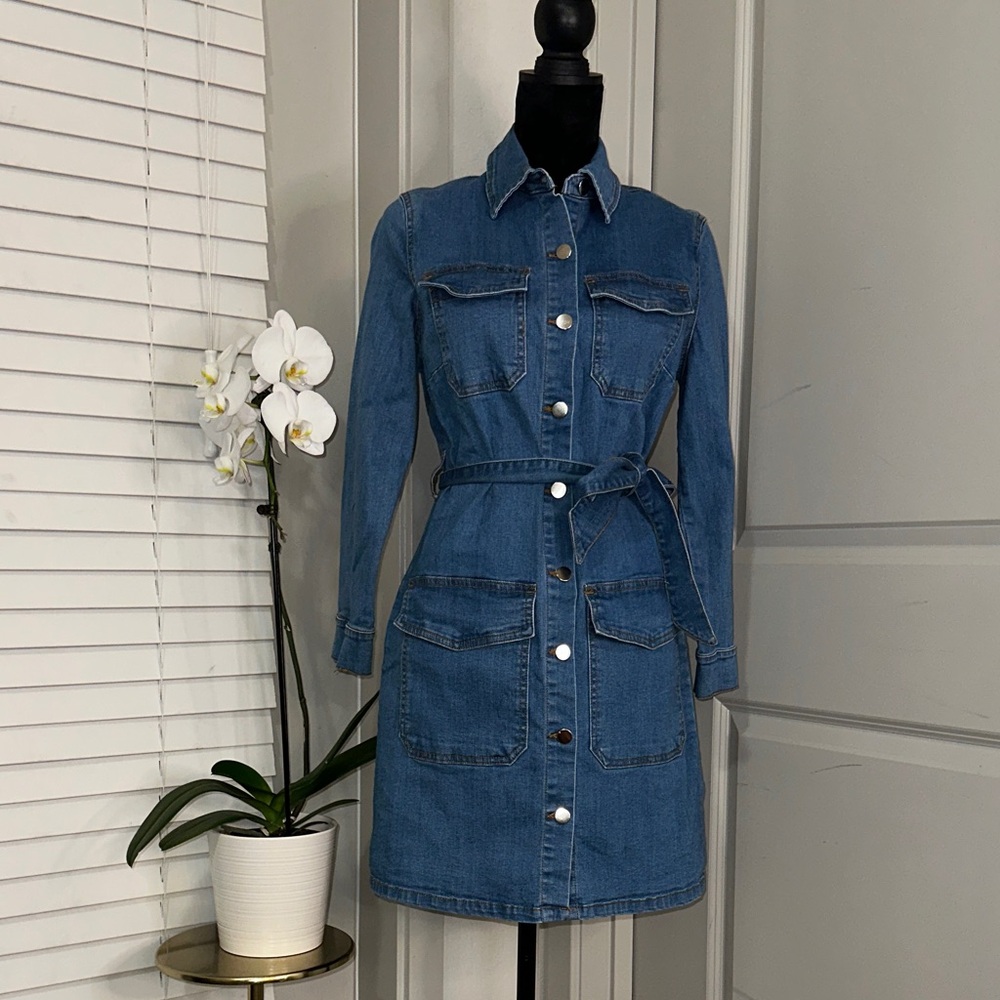 Long sleeve Denim Button-Up Dress Jacket with Belt